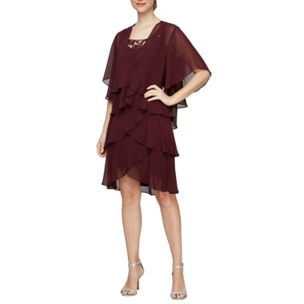 NWT SLNY from Macys Eggplant Embellished Tiered Chiffon Dress & Capelet SIZE 18W